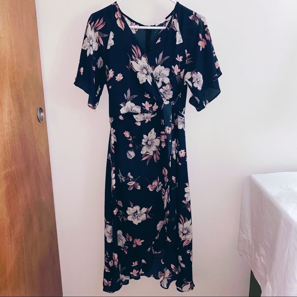 Navy Floral Swing Dress with Flutter Sleeve